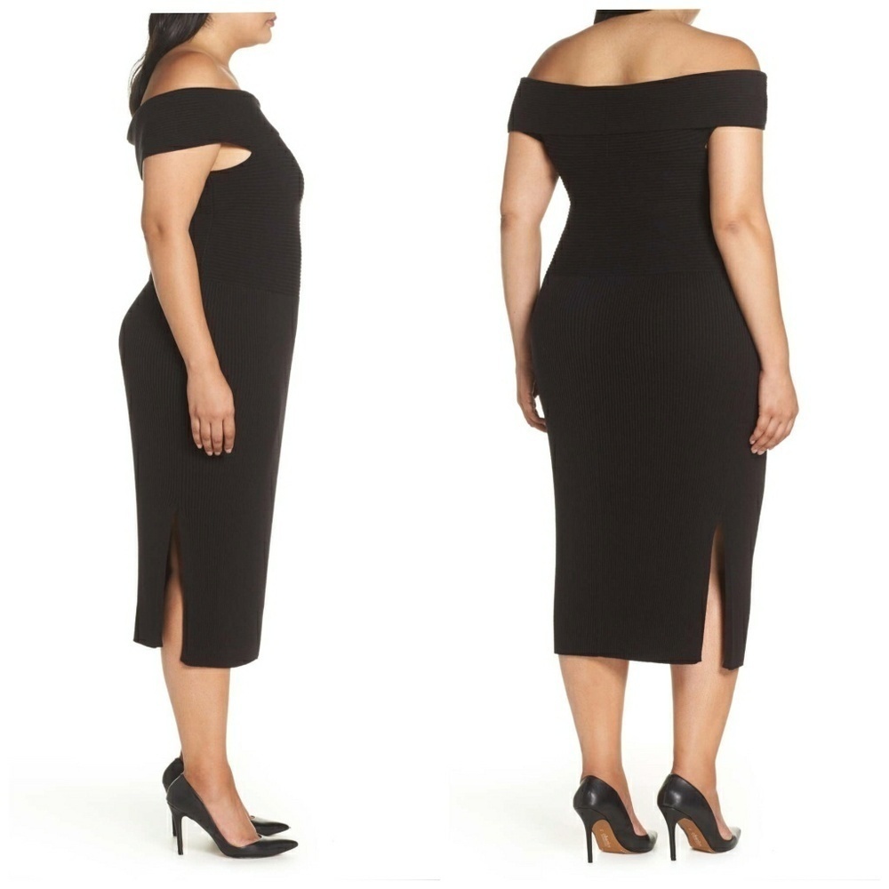 💜 Eliza J Off the Shoulder Ribbed Knit Midi Dress Wedding Guest Funeral